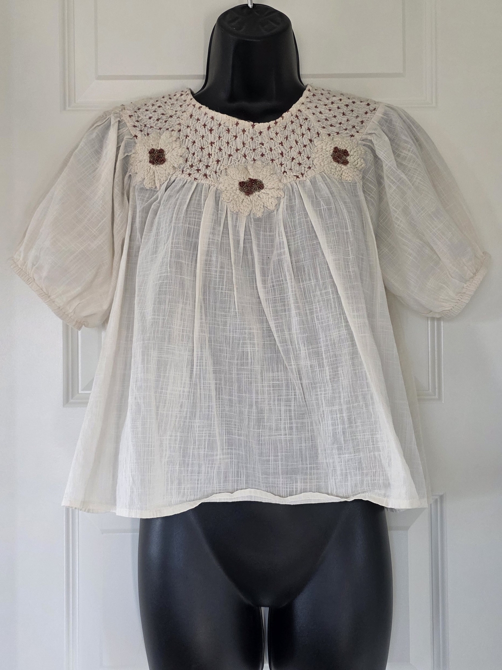 Anthropologie Cream Crochet-Yoke Puff Sleeve Blouse